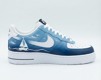Custom Nike Air Force 1 Shoes | Ocean Sailboat Blue | Sea Waves Sneakers AF1