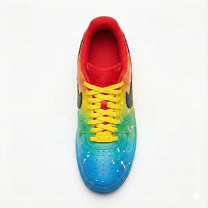 Pode incluir: Vista de cima de um t&ecirc;nis colorido. O t&ecirc;nis apresenta um design gradiente, que transita do vermelho para o amarelo, verde e azul. Salpicos de tinta branca adicionam detalhes. O swoosh preto da Nike e os cadar&ccedil;os amarelos completam o design.