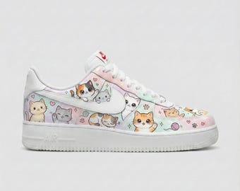 Custom Hand-Painted Nike Air Force 1 Shoes | Chibi Kawaii Cats Pastel | Cat Sneakers AF1