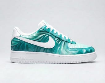 Custom Hand-Painted Nike Air Force 1 Shoes | Teal Geometric Waves | 3D Textured AF1 Sneakers | Futuristic Streetwear