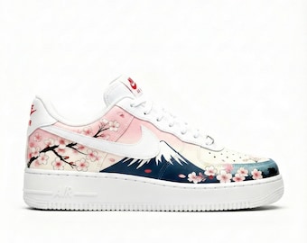 Tênis Nike Air Force 1 personalizados e pintados à mão | Monte Fuji em flor | Tênis AF1 com estampa de Sakura japonesa