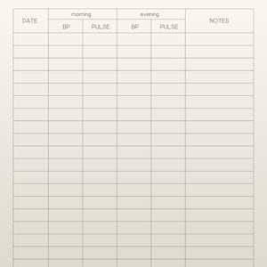 May include: A blood pressure tracker with the title "BLOOD PRESSURE TRACKER" at the top. The tracker has columns for date, morning BP and pulse, evening BP and pulse, and notes. The background is a light beige color.