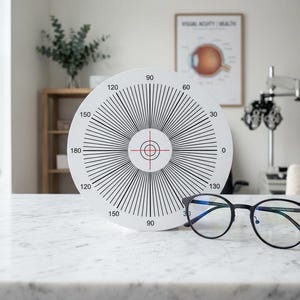 May include: A white eye chart with black lines and numbers, used for vision testing, stands next to a pair of black-framed eyeglasses. The chart has a central target with red crosshairs. The eyeglasses have round lenses.