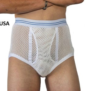 Slip da uomo in rete con doppio laccetto e parte anteriore a perizoma, realizzati a mano – Intimo maschile retrò trasparente (copia)