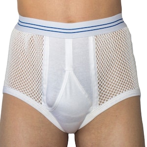 May include: White underwear with a mesh panel on the sides and a blue stripe on the waistband. The front of the underwear has a solid white panel. The underwear is made of a soft, breathable fabric.