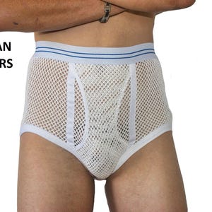 Slip da uomo in rete con doppio laccetto e parte anteriore a perizoma, realizzati a mano – Intimo maschile retrò trasparente (copia)