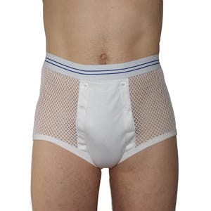 May include: White mesh briefs with a satin front panel and a blue and white striped waistband. The briefs have two button closures and are designed for comfort and support. The underwear is a classic style.