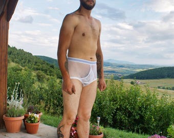 Handgefertigte Doppelbesatz-String Y-Front Netz-Slip - Retro-Reproduktion der klassischen Unterwäsche UK-Lager für UK-Bestellungen