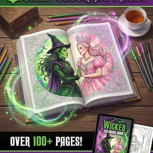 Puede incluir: Un libro para colorear abierto con ilustraciones de una bruja verde y una mujer con un vestido rosa. Lápices de colores, rotuladores y una taza de té rodean el libro. El texto "WICKED COLORING PAGES" está en la parte superior.