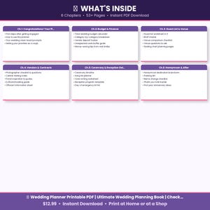 May include: A wedding planner printable PDF with a purple and white design. The planner includes sections for budget, guest list, vendors, ceremony, and honeymoon planning. The text "WHAT'S INSIDE" is at the top, with "6 Chapters" and "53+ Pages".