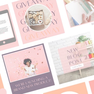 May include: A collage of social media graphics with a pink and white color scheme. The graphics feature text such as "Giveaway", "New Blog Post", and "We're Launching a Brand New Product!"