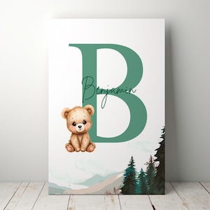 Personalized Bear Initial Nursery Poster – Custom Baby Name & Letter Wall Art – Alphabet Animal Print – Digital Download