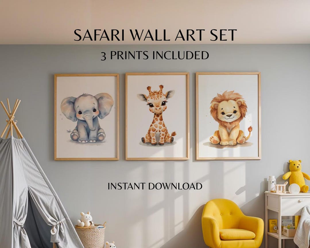 Safari Nursery Wall Art Set of 3 – Elephant Giraffe Lion Prints – Home ...