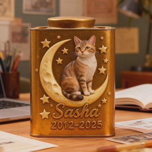 Puede incluir: Urna metálica dorada para mascotas con una ilustración de un gato sentado en una luna creciente, rodeado de estrellas. La urna está inscrita con el nombre "Sasha" y los años "2012-2025". La urna tiene tapa.