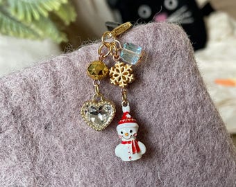 Tirette bonhomme de neige en cristal, pendentif coeur pour accessoire de sac à main, breloque à clip flocon de neige