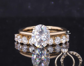 2CT Oval Cut Moissanite Engagement Ring Set, Oval Cut Solitaire With Round Cut Half Eternity Band, 14K Yellow Gold Bridal Ring Set