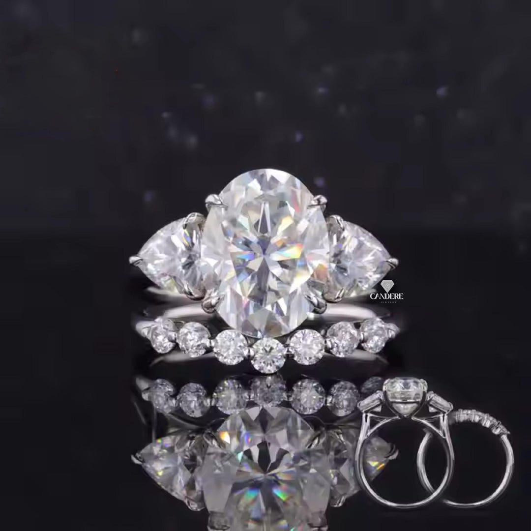 Oval Cut Moissanite Engagement Ring Set, Three Stone Wedding Set for ...