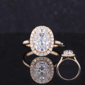 Oval Cut Moissanite Halo Engagement Ring, 14K Yellow Gold Cathedral Ring, Diamond Halo Solitaire Bridal Ring, Unique Anniversary Gift
