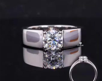Men’s Round Moissanite Engagement Ring, 14K White Gold Wide Flat Top Solitaire Band, Masculine Wedding Ring, Proposal Ring for Him