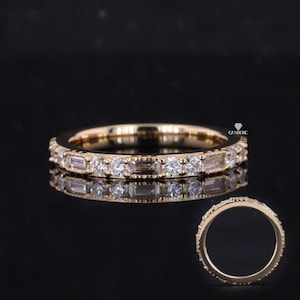 Stokbrood en ronde Moissanite Eternity-band, 14K geelgouden Milgrain-trouwring, art-deco-stapelband, uniek jubileumcadeau voor haar