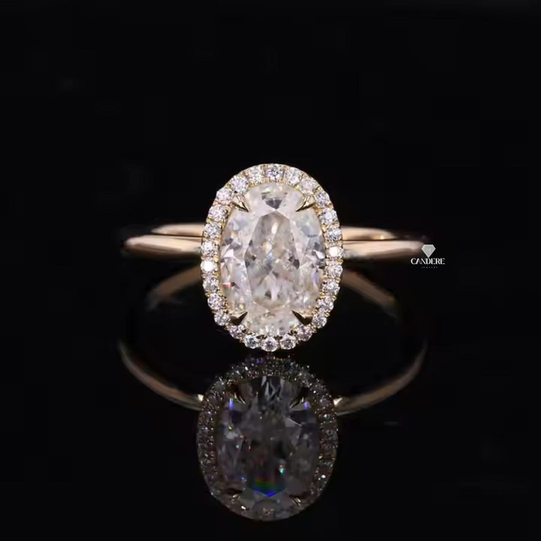Oval Cut Moissanite Halo Set Engagement Ring, 14K Yellow Gold Wedding ...