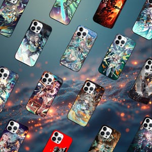 May include: A collection of smartphone cases with various anime-style character designs. The cases feature vibrant colors and detailed artwork, showcasing characters in dynamic poses. The cases are black with a glossy finish.