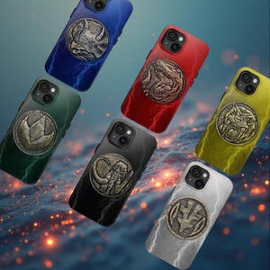 May include: A collection of colorful phone cases, each featuring a unique embossed design. The cases are in various colors, including blue, red, green, black, yellow, and white. Each case has a different animal or symbol design, with lightning bolt accents.