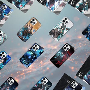 May include: A collection of smartphone cases with various anime-style character designs. The cases feature vibrant colors, including blue, red, and orange, with detailed illustrations. The cases are shown against a gradient background with scattered light particles.