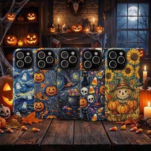 May include: Five smartphone cases featuring Halloween-themed artwork. The designs include ghosts, jack-o'-lanterns, a witch's hat, a cauldron, black cats, skulls, candy corn, and a scarecrow surrounded by sunflowers on a dark, textured background.