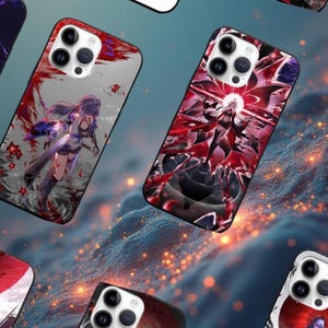 May include: Several phone cases with anime-style illustrations. The cases feature vibrant designs with characters in dynamic poses, set against backgrounds of red, gray, and black. The cases are shown against a blurred, textured background.