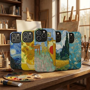 May include: Five phone cases with famous Vincent van Gogh paintings. The cases feature artwork from "Starry Night", "Sunflowers", "Bedroom in Arles", "Wheatfield with Cypresses", and "Almond Blossoms". The cases are displayed on a wooden table with art supplies.