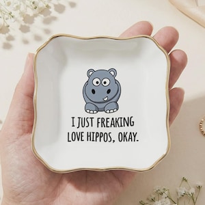 Funny Hippo Jewelry Dish, Cute Hippo Ring Dish, Ceramic Trinket Tray, Animal Lover Gift for Her, Gold Rim Catchall Dish