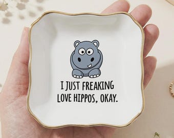 Funny Hippo Jewelry Dish, Cute Hippo Ring Dish, Ceramic Trinket Tray, Animal Lover Gift for Her, Gold Rim Catchall Dish