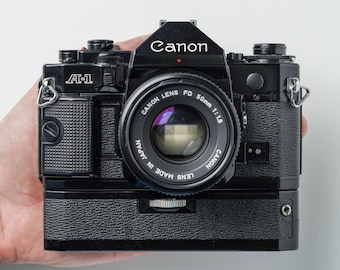 Canon A-1 SLR Film Camera with Canon FD 50mm f1.8 Lens and Canon Power Winder A