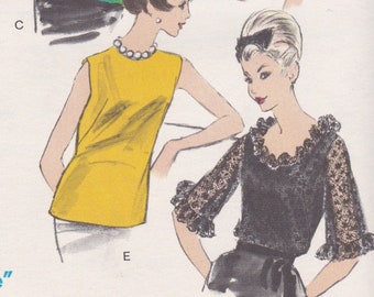 60s Scoop Blouse Jewel  Ruffles Bell Sleeve Sleeveless Fitted Size 12 Bust 32 Vintage Sewing Pattern Vogue 6642 Complete FF Uncut