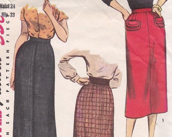 50s Miss Sheath Wiggle Pencil Skirt Slim Back Pleat Waist 24 Sewing Pattern Simplicity 4491 Complete