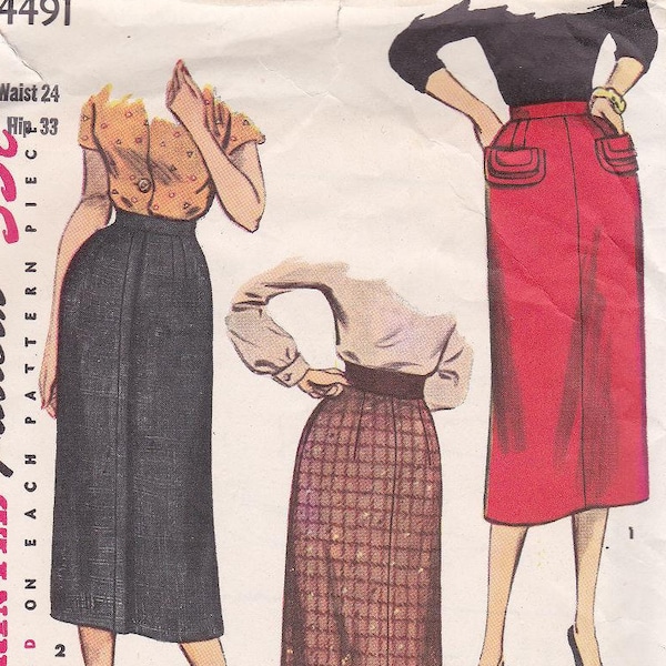 50s Miss Sheath Wiggle Pencil Skirt Slim Back Pleat Waist 24 Sewing Pattern Simplicity 4491 Complete