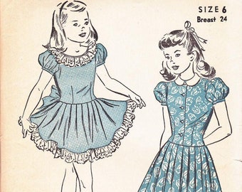 40s Fitted Bodice Dress Bateau Cuffed Puff Short Sleeve Pleated Skirt Peter Pan Girl Size 6 Breast 24 Sewing Pattern Advance 4880 Complete