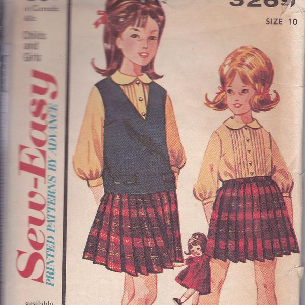 60s Preppy Pleats Skirt Pin Tucks Blouse Jerkin School Girl Child Size 10 Breast 28 Vintage Sewing Pattern Advance 3269 Complete