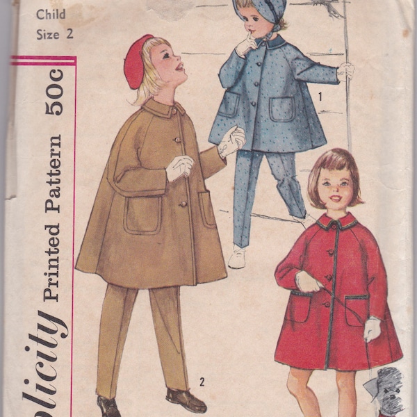 60s Child Coat Raglan Sleeve Bonnet Hat Tent A Line Suspender Pants Size 2 Breast 21 Vintage Sewing Pattern Simplicity 3654 Complete