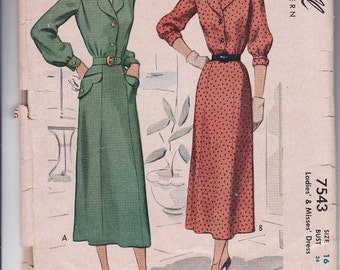 40s Elegant Dress Scalloped Lapel Pockets Gored Skirt Shoulder Pads Size 16 Bust 34 Vintage Sewing Pattern McCall 7543 Complete