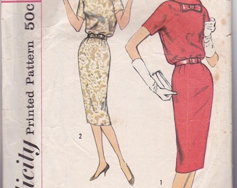 50s Elegant Bloused Dress Wiggle Skirt Bateau Roll Collar Belt Size 16 Bust 36 Vintage Sewing Pattern Simplicity 2681 Complete