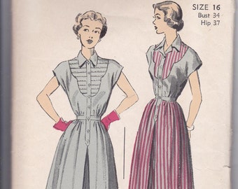 50s Flared Dress Dropped Shoulder Wing Collar Scalloped Yoke Relaxed Miss Size 16 Bust 34 Vintage Sewing Pattern Advance 5141 Complete