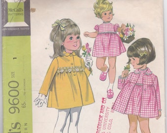 60s Cute Empire Waist Dress Coat Ruffles Short Sleeve Peter Pan Collar Girl Size 1 Breast 20 Vintage Sewing Pattern McCalls 9600 Complete