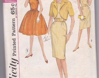 60s Essential Evening Day Dress Wiggle Full Skirt Bolero Shoulder Straps Size 16 Bust 36 Vintage Sewing Pattern Simplicity 4811 Complete