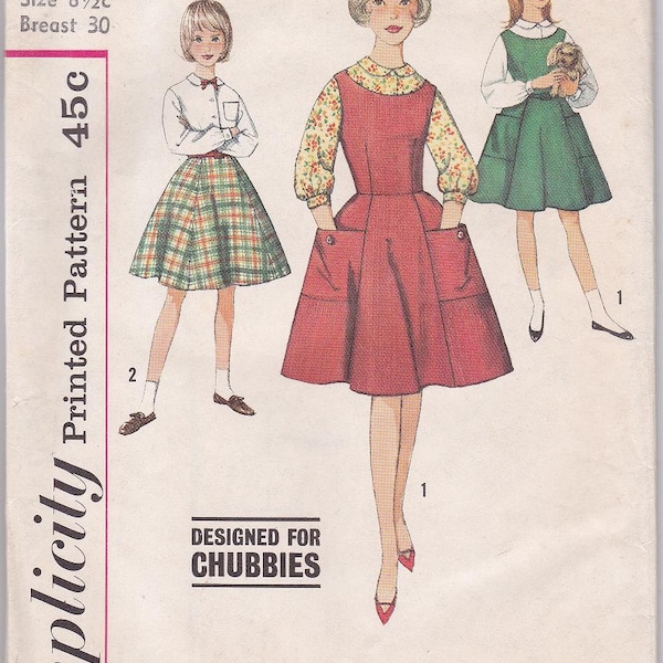 50s Junior Chubbie Girl Dress Jumper Blouse Gored Circle Skirt Size 8.5 Breast 30 Sewing Pattern Simplicity 4088 Complete