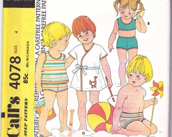 70s Child Swimsuit Tank Top Trunks Towel Robe Girl Boy Size 4 Breast 23 Sewing Pattern McCalls 4078 Complete