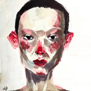 Può includere: Dipinto a olio quadrato di un volto su sfondo bianco. Il volto è dipinto con pennellate audaci nei toni del rosa, rosso, grigio e nero. Il soggetto ha occhi scuri, labbra rosse e naso rosso. Le iniziali dell'artista sono in basso a sinistra.