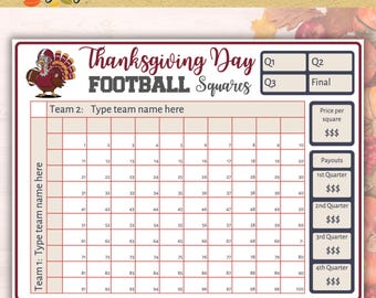 Thanksgiving Football Squares Game | Printable & Editable PDF | Play for Fun or Money | Instant Digital Download
