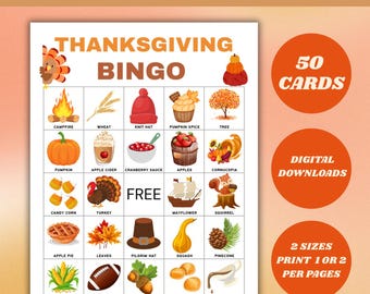 Thanksgiving Bingo Printable Game | 50 Unique Bingo Cards for Kids & Adults | Classroom, Family, Friends giving Party Activity PDF